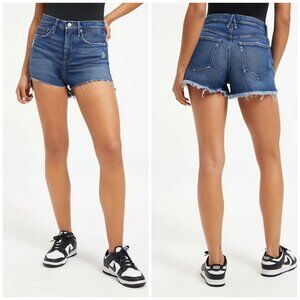 Good American Women's Blue Raw Hem Distressed High Rise Cutoff Denim Shorts 2/26